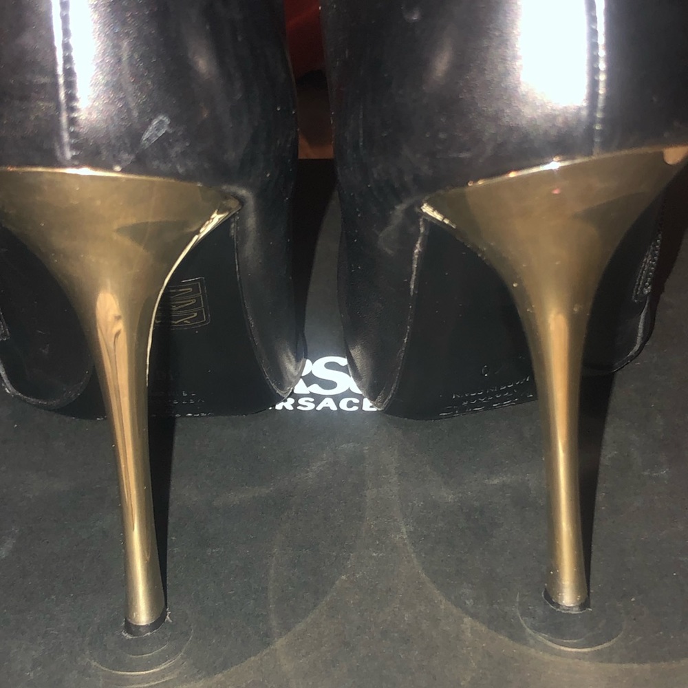 VERSACE Black Leather Booties w/ Logo Pin - Picture 6 of 9